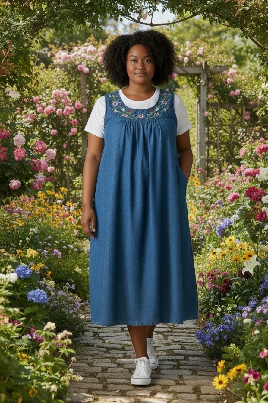Vermont Country Store Denim Floral Embroidered Muumuu House Dress Blue XL Cotton